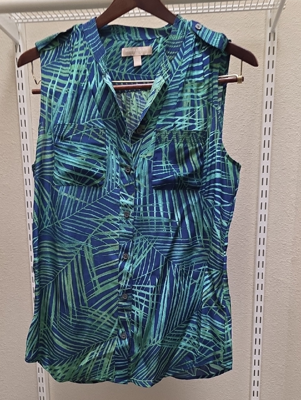 Banana Republic Blue and Green Sleeveless Button-Front Top